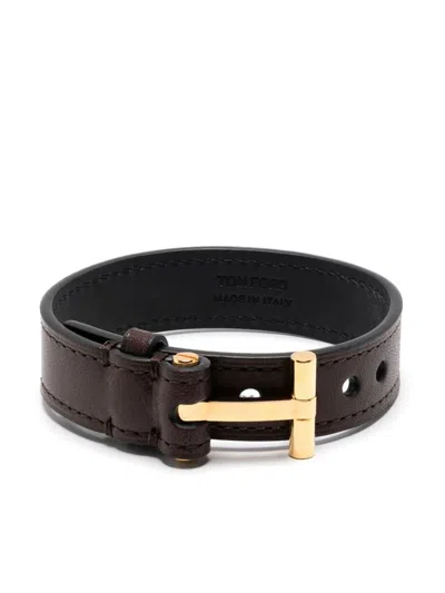 Tom Ford T-hinge Leather Bracelet Accessories In Brown