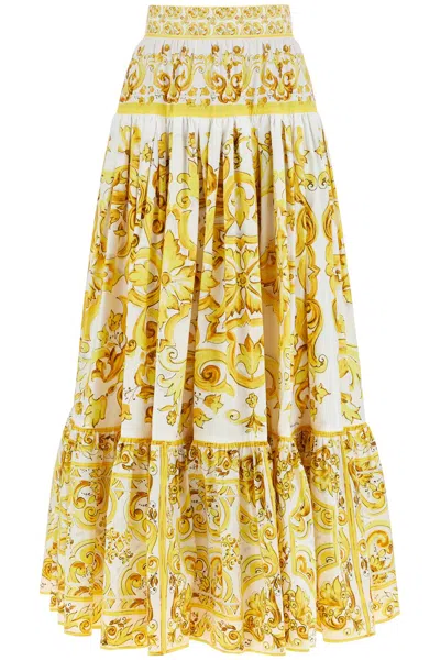 Shop Dolce & Gabbana Gonna Lunga A Balze In Stampa Maiolica In Yellow