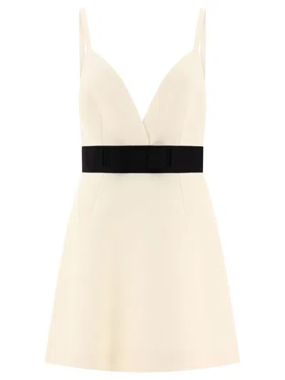 Shop Dolce & Gabbana Woolen Dress With Satin Belt And Straps In White