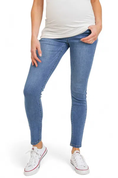 Shop Hello Miz Stretch Maternity Skinny Jeans With Elastic Belly Band In Light Denim In Blue