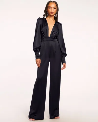 Ramy Brook Madelane Plunge Long Sleeve Satin Jumpsuit In Navy