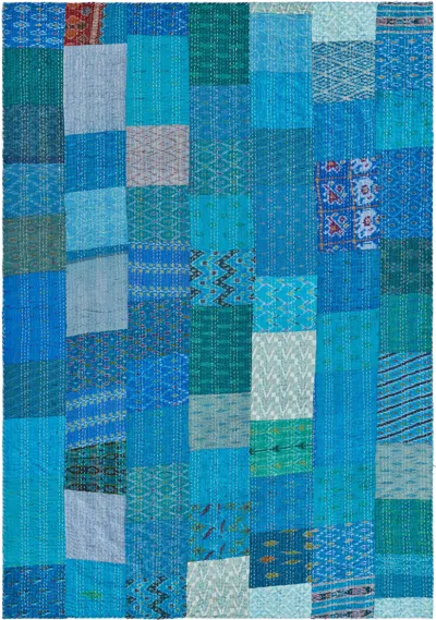 Homezia 70" X 50" Blue Kantha Silk Patchwork Throw Blanket With Embroidery