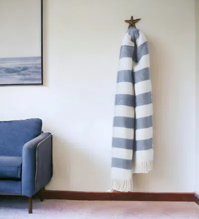 Homezia Cream And Slate Slanted Stripe Fringed Throw Blanket