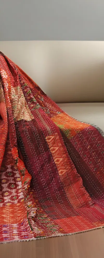 Homezia 70" X 50" Red Kantha Silk Patchwork Throw Blanket With Embroidery