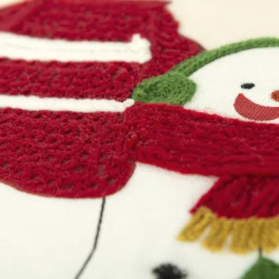 Homezia 20" Red And Ivory Christmas Cotton Pillow With Applique, Embroidery, Pom Poms Edges