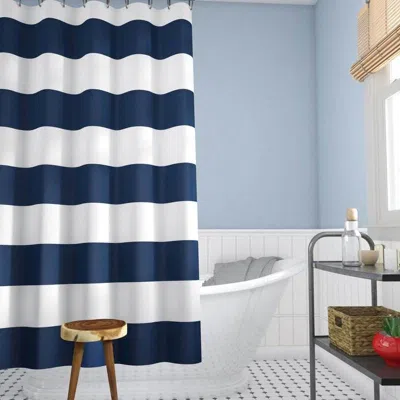 Quikfurn 72 X 70 Inch Polyester Navy Blue White Nautical Ocean Striped Shower Curtain