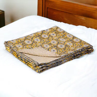 Homezia 50" X 70" Yellow And Gray Kantha Cotton Floral Throw Blanket