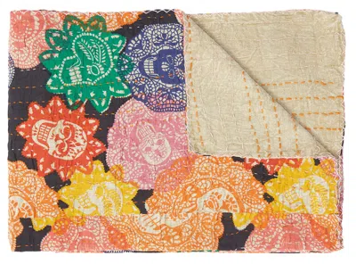 Homezia 50" X 70" Black Green Red And Pink Kantha Cotton Patchwork Throw Blanket With Embroidery