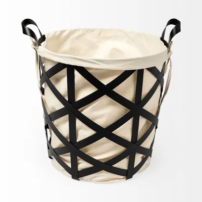 Homezia Black Woven Metal Basket With Cream Fabric Liner