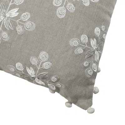Homezia 20" X 20" Beige And Ivory Floral Linen Zippered Pillow With Embroidery, Pom Poms