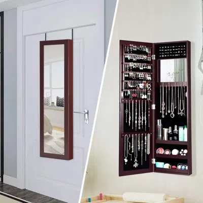 Quikfurn 2-in-1 Dark Brown Wall Or Door Mounted Jewelry Organizer Full Length Mirror