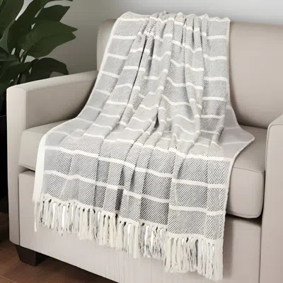 Homezia Gray Woven Cotton Striped Throw Blanket