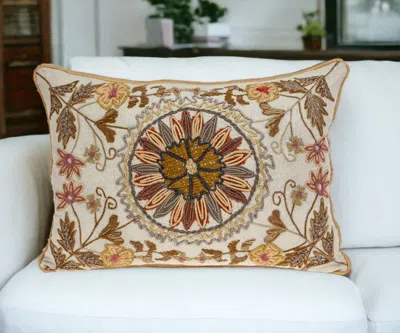 Homezia 20" X 14" Beige Cotton Throw Pillow With Embroidery