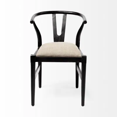 Homezia Beige And Black Upholstered Linen Wishbone Back Dining Side Chair