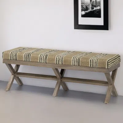 Homezia 16" Beige And Brown Upholstered Cotton Blend Bench