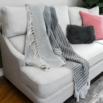 Homezia Gray And White Woven Recycled Pet Polyester Throw Blanket With Tassels