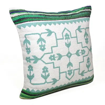 Homezia 20" X 20" Green White And Blue 100% Cotton Geometric Zippered Pillow