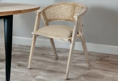 Homezia Beige And Gray Upholstered Linen Curved Back Dining Arm Chair