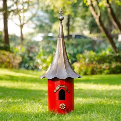 Quikfurn Red Metal Birdhouse With Copper Bronze Finish Gramophone Roof