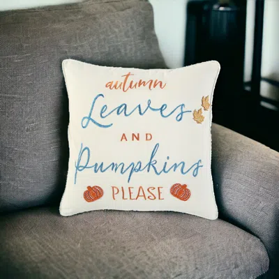 Homezia 20" Ivory Blue And Orange Thanksgiving Cotton Pillow With Applique, Embroidery Edges