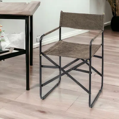 Homezia Brown And Black Leather Metal Open Back Dining Arm Chair