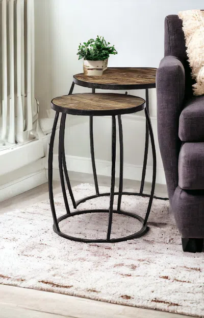 Homezia Set Of Two 26" Black And Brown Solid Wood Round End Table