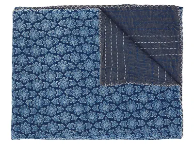 Homezia 50" X 70" Blue Kantha Cotton Floral Throw Blanket With Embroidery