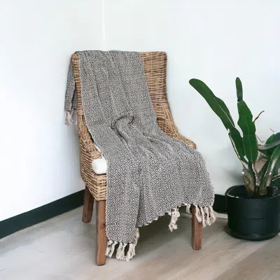 Homezia Boho Black And Beige Woven Diamond Pattern Throw With Tassels