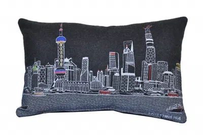 Homezia 25" Black Shanghai Nighttime Skyline Lumbar Decorative Pillow