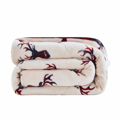 Homezia Deer Head Red Navy Printed Velvet And Velvet Throw Blanket