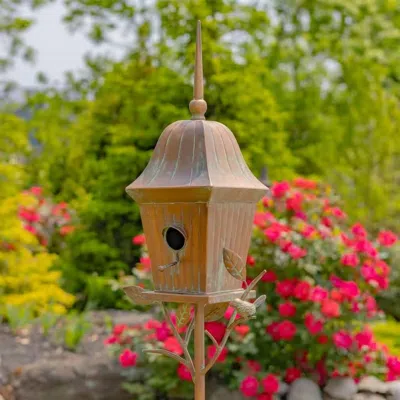 Quikfurn Copper Finish Metal Garden Birdhouse With Stake And Pole