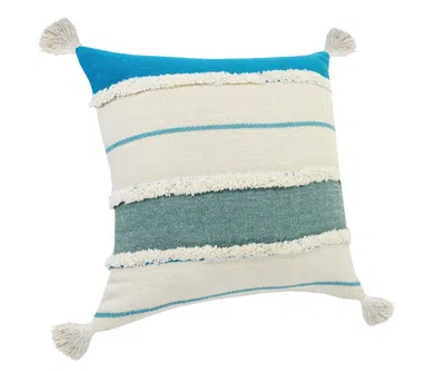 Homezia 20" X 20" Aqua Jade Turquoise And White 100% Cotton Striped Zippered Pillow