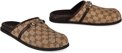 Shop Gucci Leather And Fabric Sabot In Beige