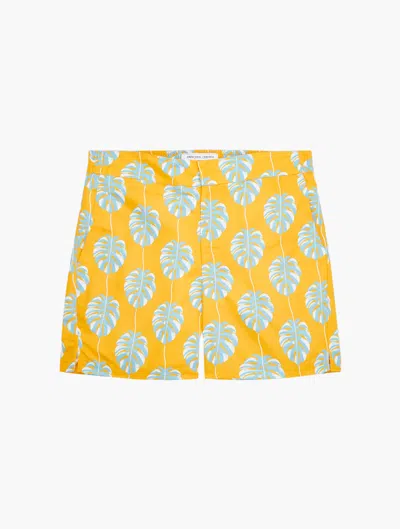 Frescobol Carioca Classic Swim Shorts Botânico Leaf Print In Sunset Yellow & Cool Blue