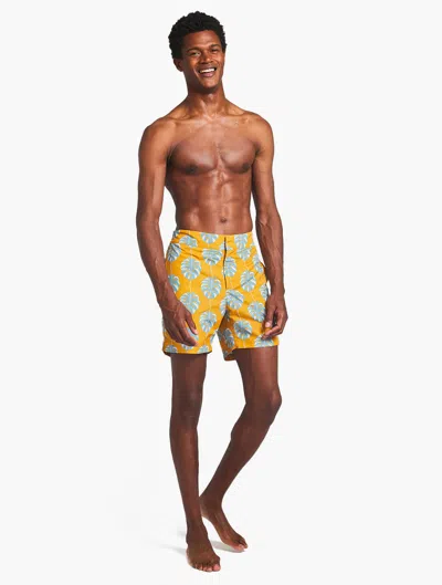 Frescobol Carioca Classic Swim Shorts Botânico Leaf Print In Sunset Yellow & Cool Blue