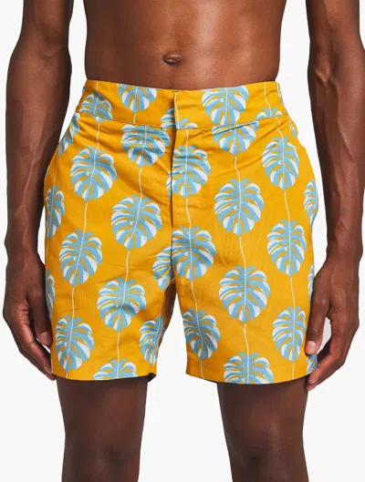 Frescobol Carioca Classic Swim Shorts Botânico Leaf Print In Sunset Yellow & Cool Blue