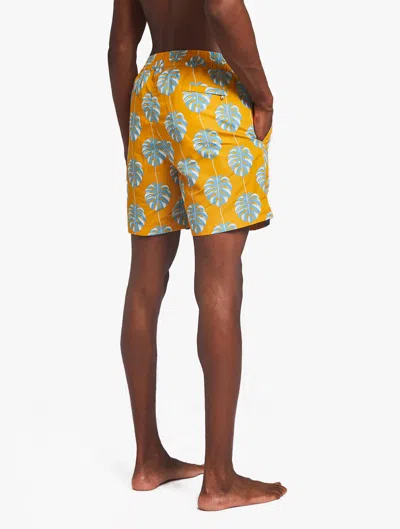 Frescobol Carioca Classic Swim Shorts Botânico Leaf Print In Sunset Yellow & Cool Blue