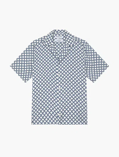 Frescobol Carioca Roberto Printed Silk Shirt In White & Navy