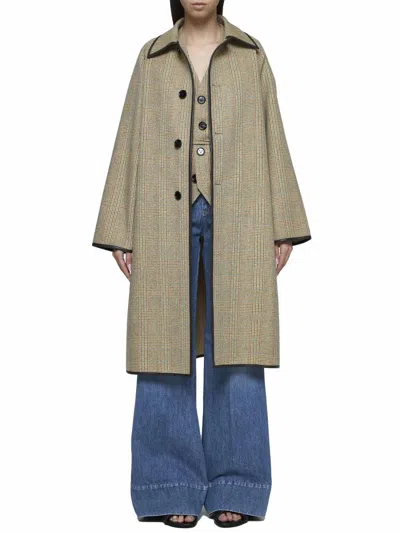 Bottega Veneta Coat With Distorted Prince Of Wales Motif In Beige/yellow/blue