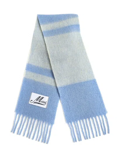 Marni Vertical Striped Scarf With Fringed Ends In Lake