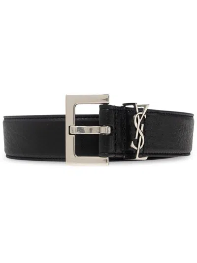 Saint Laurent Squared Buckle Smooth Leather Cassandre Thin Belt Accessories In Black