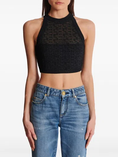 Balmain Sheer Geometric Halterneck Top With Metallic Threading