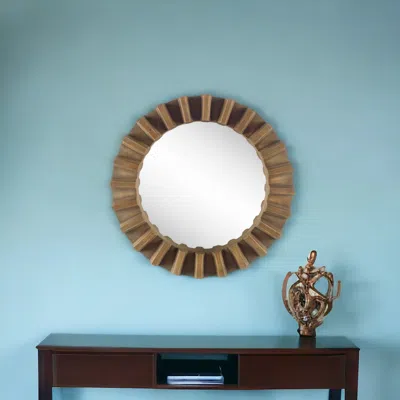 Homezia 26" Round Brown Wood Frame Wall Mirror