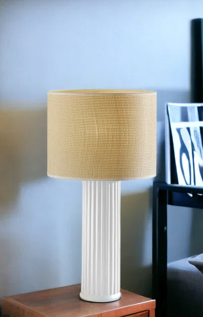 Homezia 24" White Ceramic Cylinder Table Lamp With Beige Drum Shade