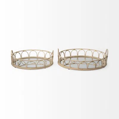 Homezia Set Of 2 20" Natural Blonde Wood With Intricately Railings And Mirrored Glass Bottom Round Tray In Multi
