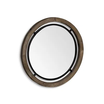 Homezia 24" Brown Wood And Black Metal Double Frame Wall Mirror