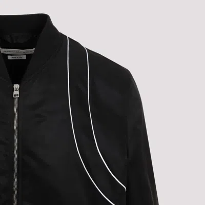 Alexander Mcqueen Solid Color Nylon Bomber Jacket With Contrasting Details In Black