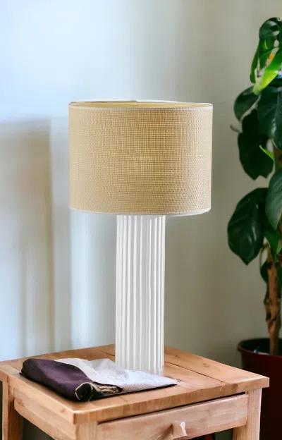 Homezia 29" White Ceramic Cylinder Table Lamp With Beige Drum Shade