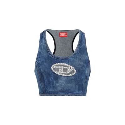 Diesel Denim Crop Top With Jewel Buckle In Blue