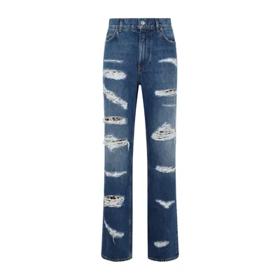 Dolce & Gabbana Distressed Jeans With Leo Print In Blue